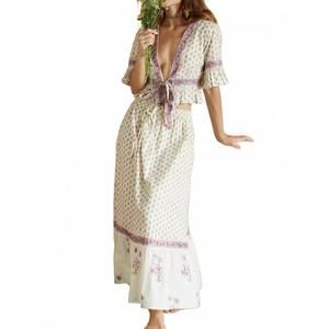NEW THE FOX AND THE MERMAID adya lurex tie-front top and maxi skirt in beige